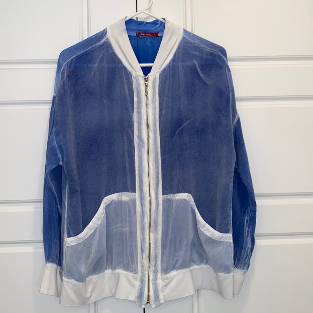 Barbara Lesser Sheer Bomber Blue and
White Lightweight Full Zip
Jacket SZ Large